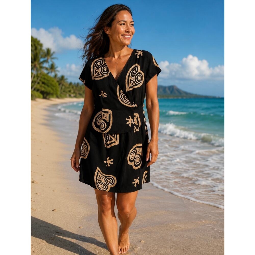 VTG Donna Morgan Boho Dress Size 12 Black Tribal Hearts Wooden Buttons Beachy